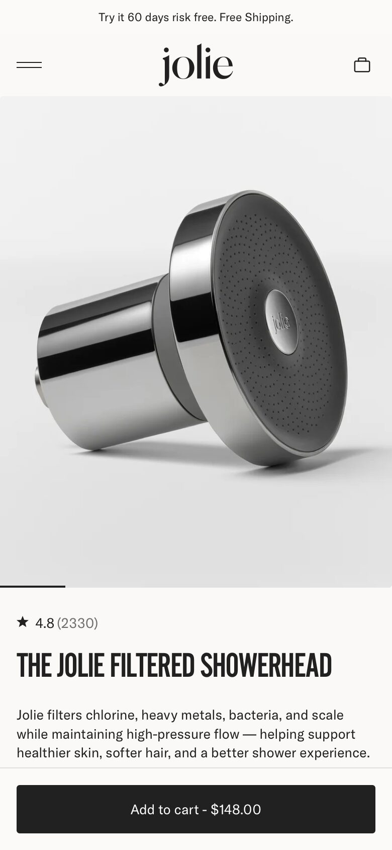Jolie: free shipping, a 60-day trial and the price on the first screen.