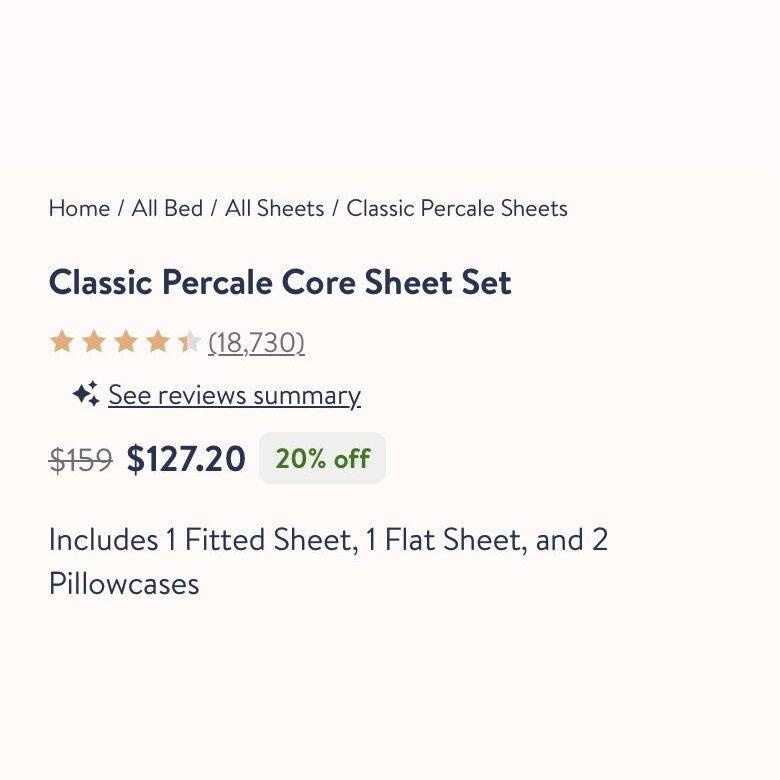 Brooklinen: stars and review count sit right above the price.