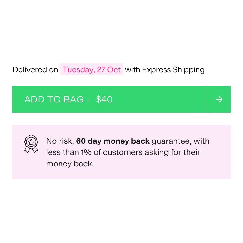 Spacegoods: delivery date above the button, guarantee below.