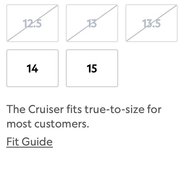 Allbirds: a one-line fit note and Fit Guide link under the sizes.