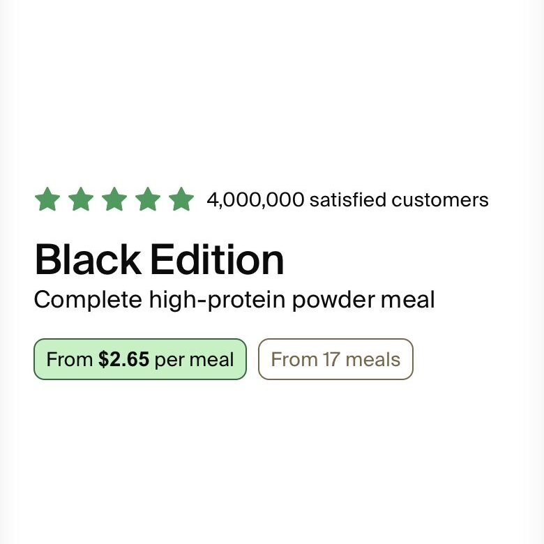 Huel: From $2.65 per meal, right under the product name.
