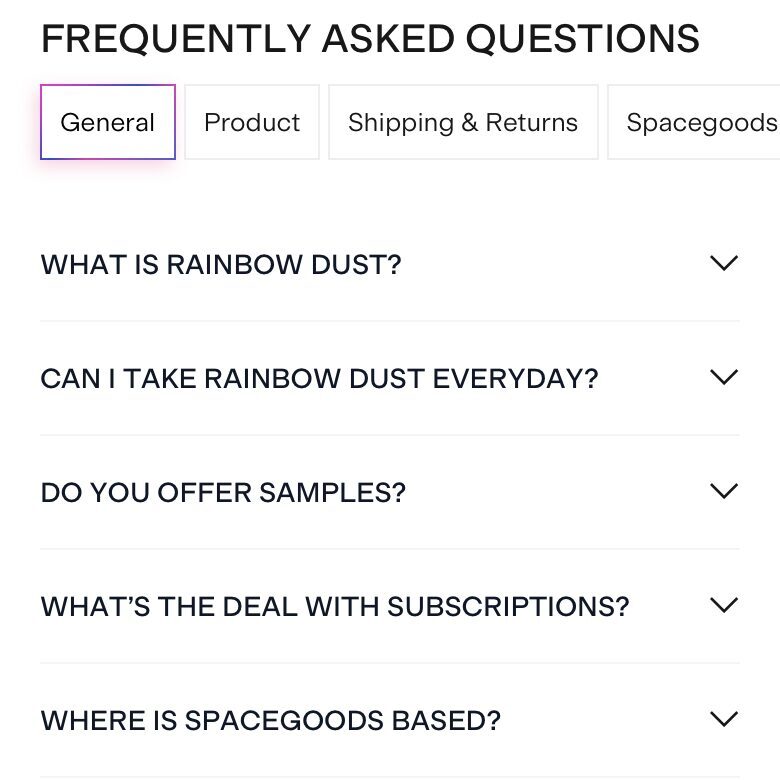 Spacegoods: an FAQ that answers real doubts, one tap each.