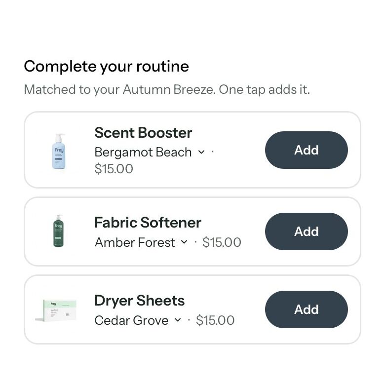 Frey: three $15 add-ons in the cart, one tap each.