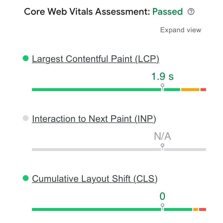 PageSpeed Insights, Frey's page: Core Web Vitals passed, LCP 1.9 s.