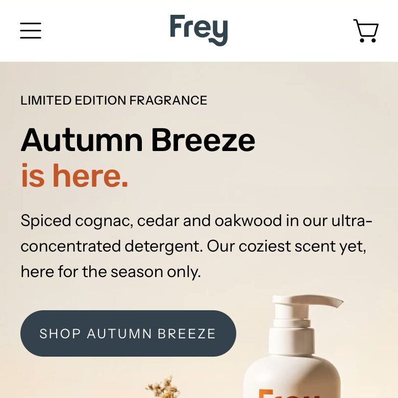 Frey: one still photo, a headline and one button. No video.
