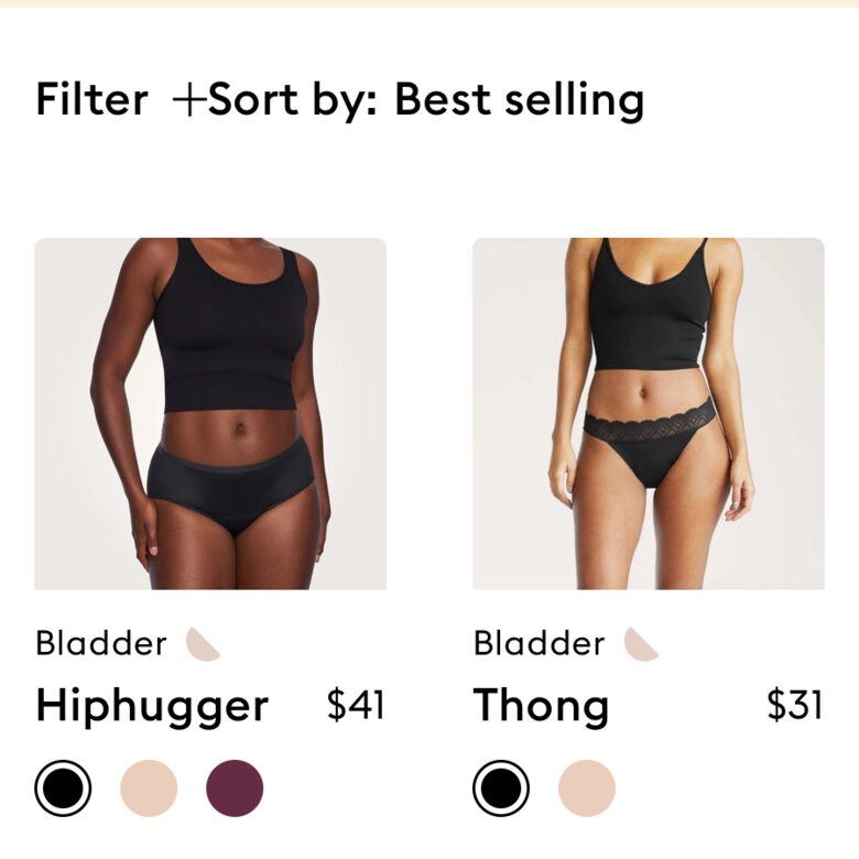 Thinx: the collection opens sorted by Best selling.