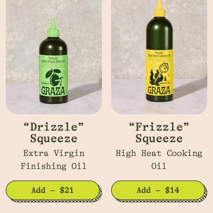 Graza: look-alike bottles, each card names its job.