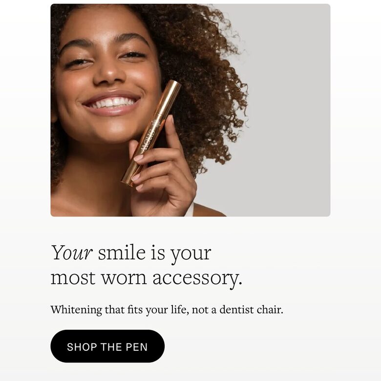 Snow: one button in the hero, Shop the pen.