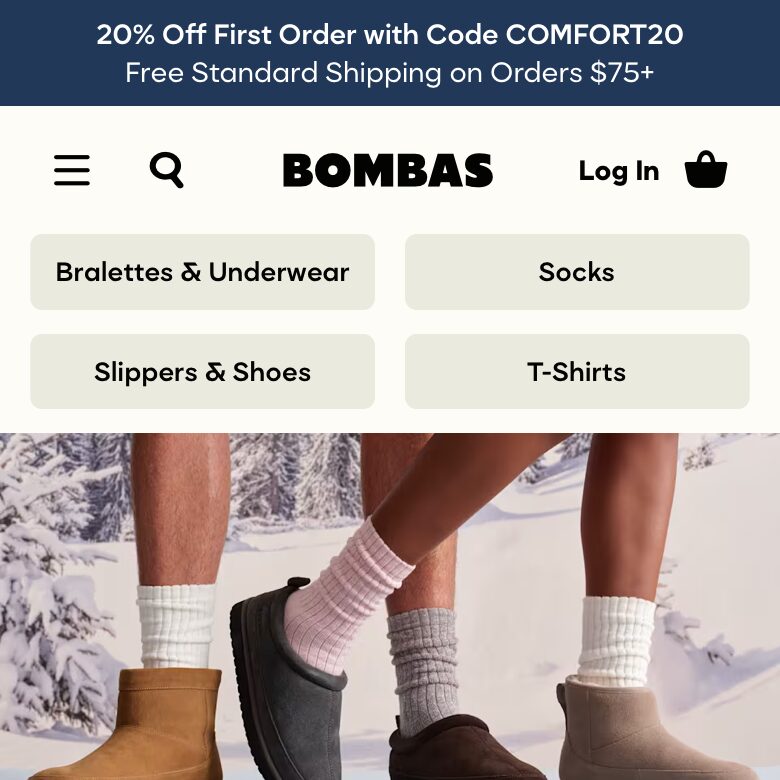 Bombas: the bar carries two real offers, a code and free shipping.
