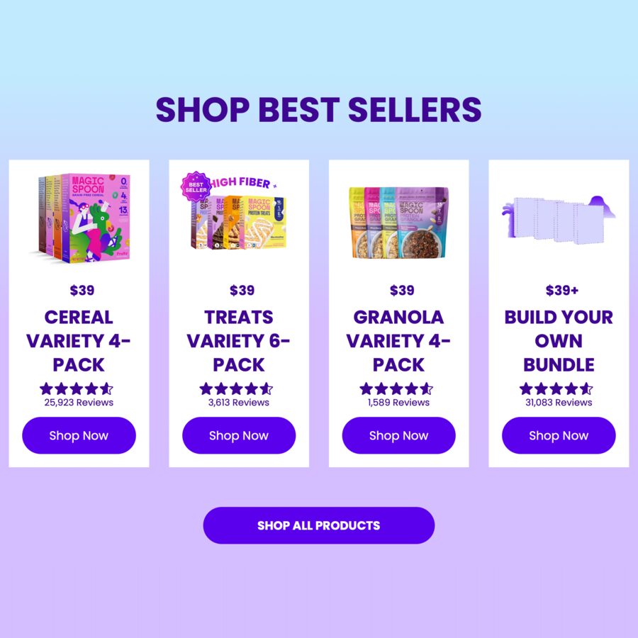 Magic Spoon: four best sellers, each with price, stars and a button.