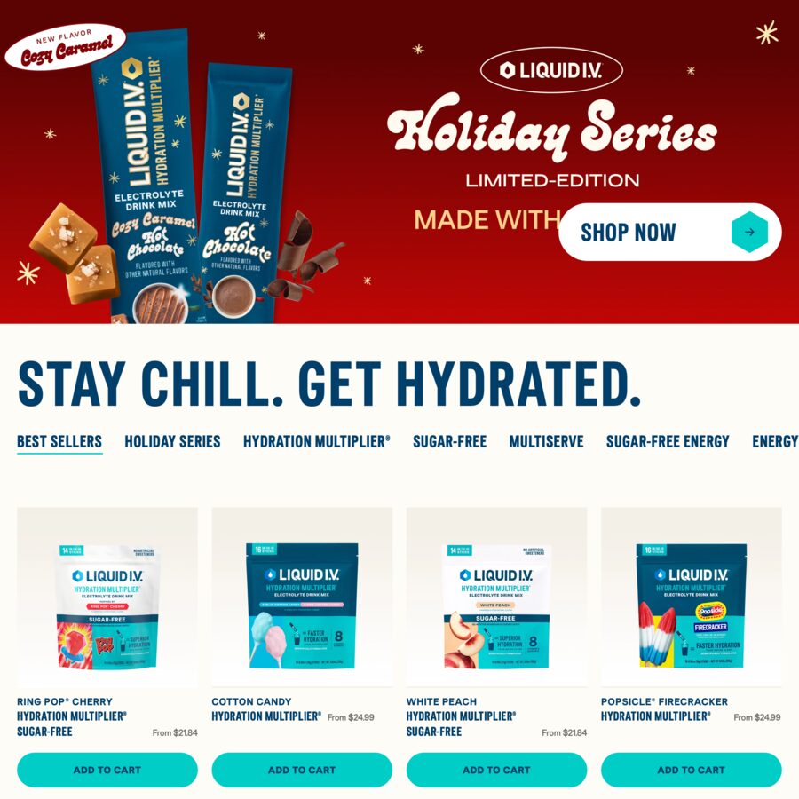 Liquid I.V.: a product hero, then best sellers with prices.