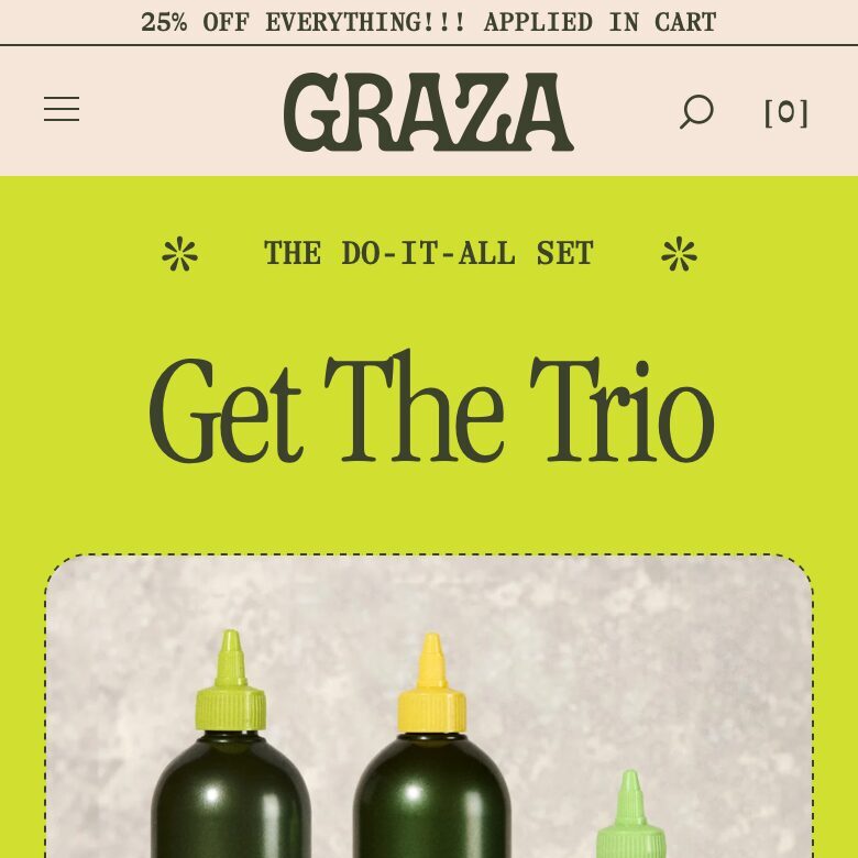 Graza site: the same lime green, logo and typewriter-style text.